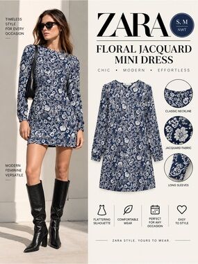 ZARA Navy Blue Floral Jacquard Mini Dress Sizes S M NWT 5039/484